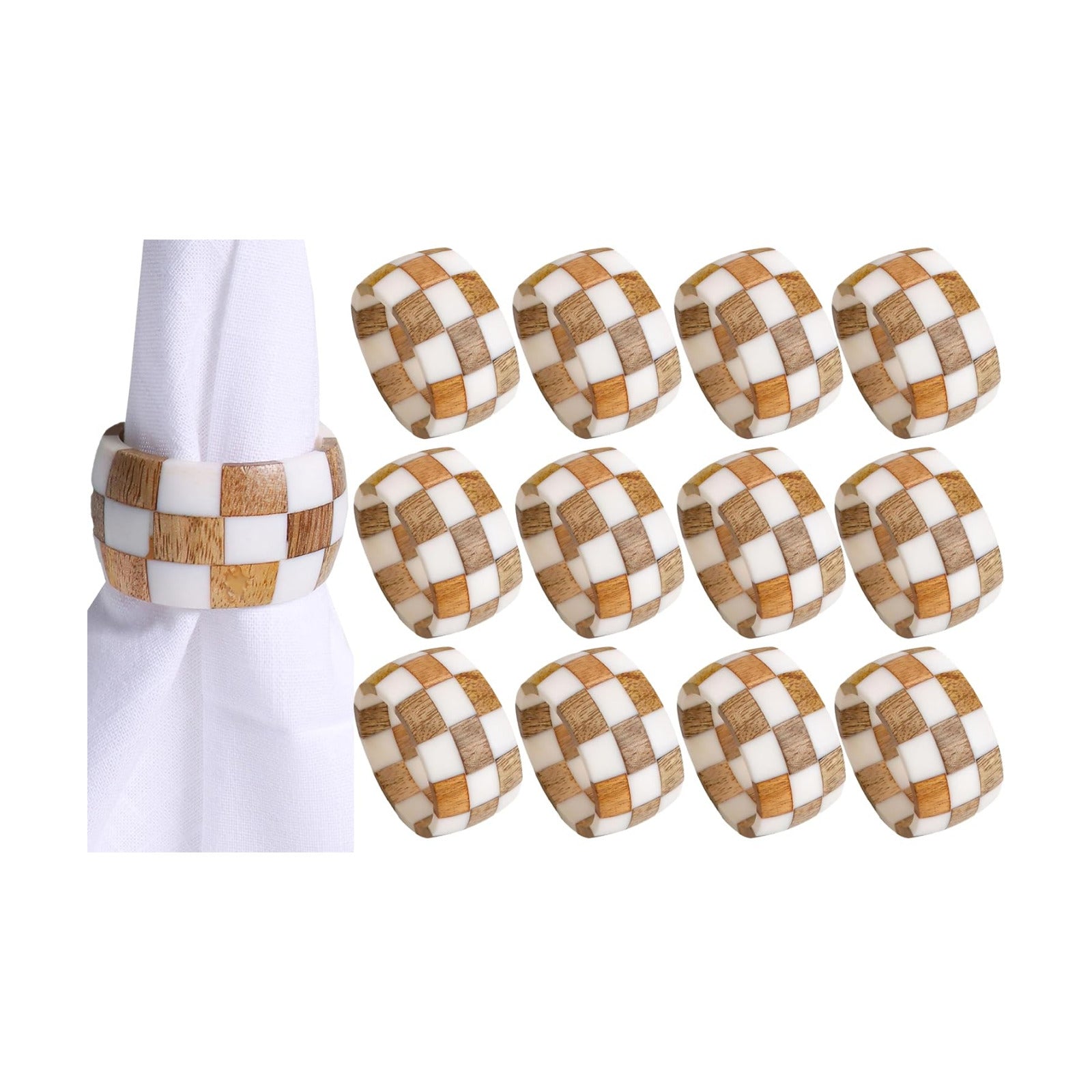 Alpha Living Home Epoxy Wood Napkin Rings, Set of 12, Brown Cream | Handcrafted epoxy resin & natural wood, 2 x 2 x