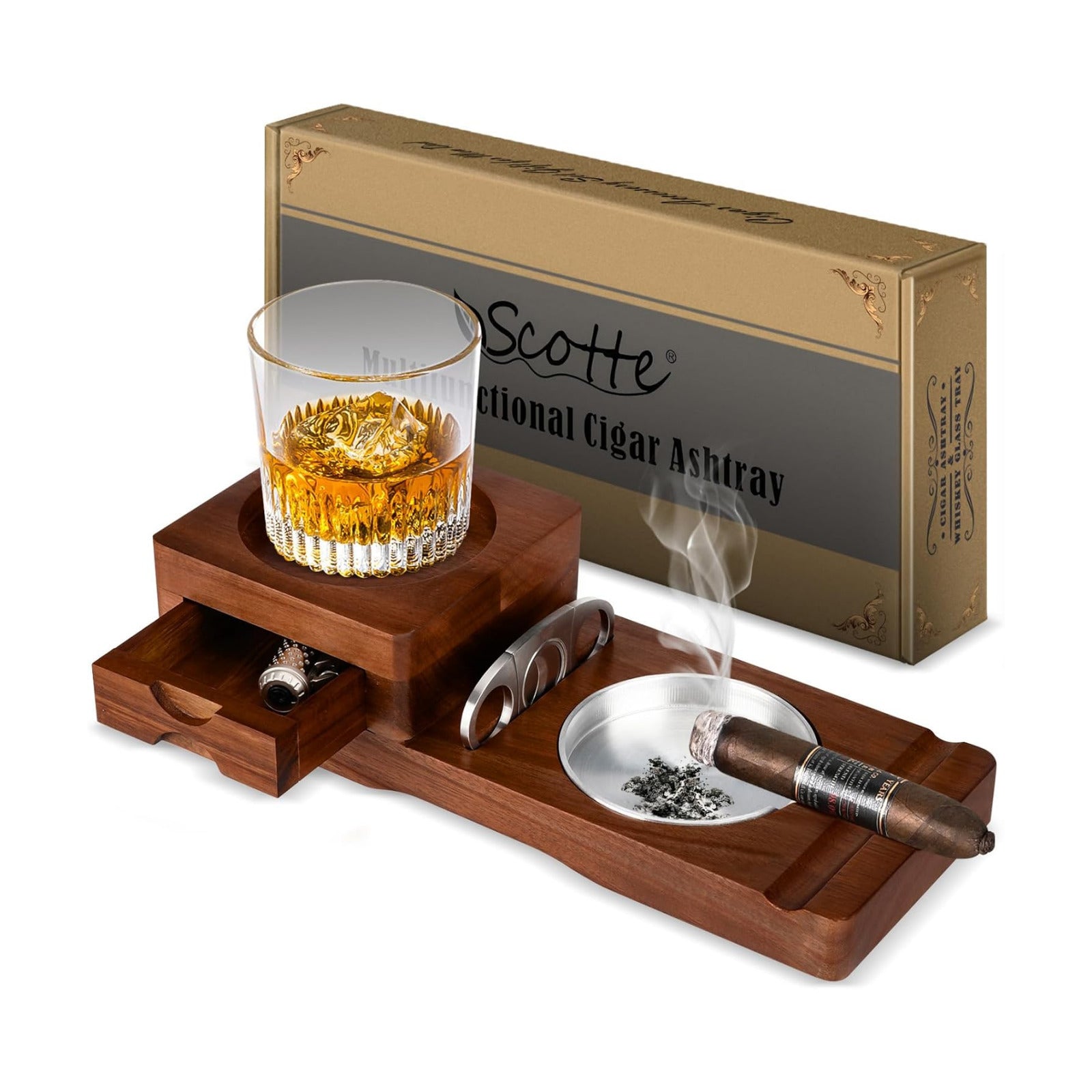 Ashtray Coaster Whiskey Glass Tray & Wooden Ash Tray / Deep Brown