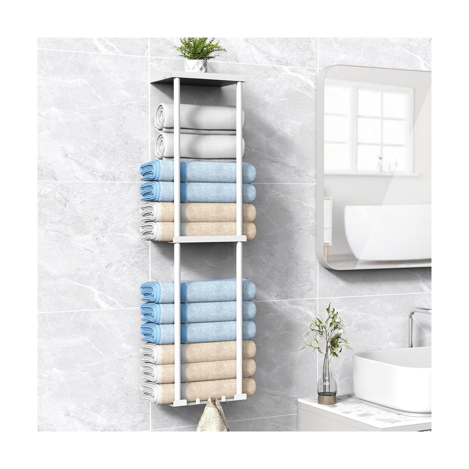 Liuoud Towel Rack for Bathroom, Wall Mounted Vertical Rolled Towel Storage Organizer Holder with Shelf, Holds Up 6