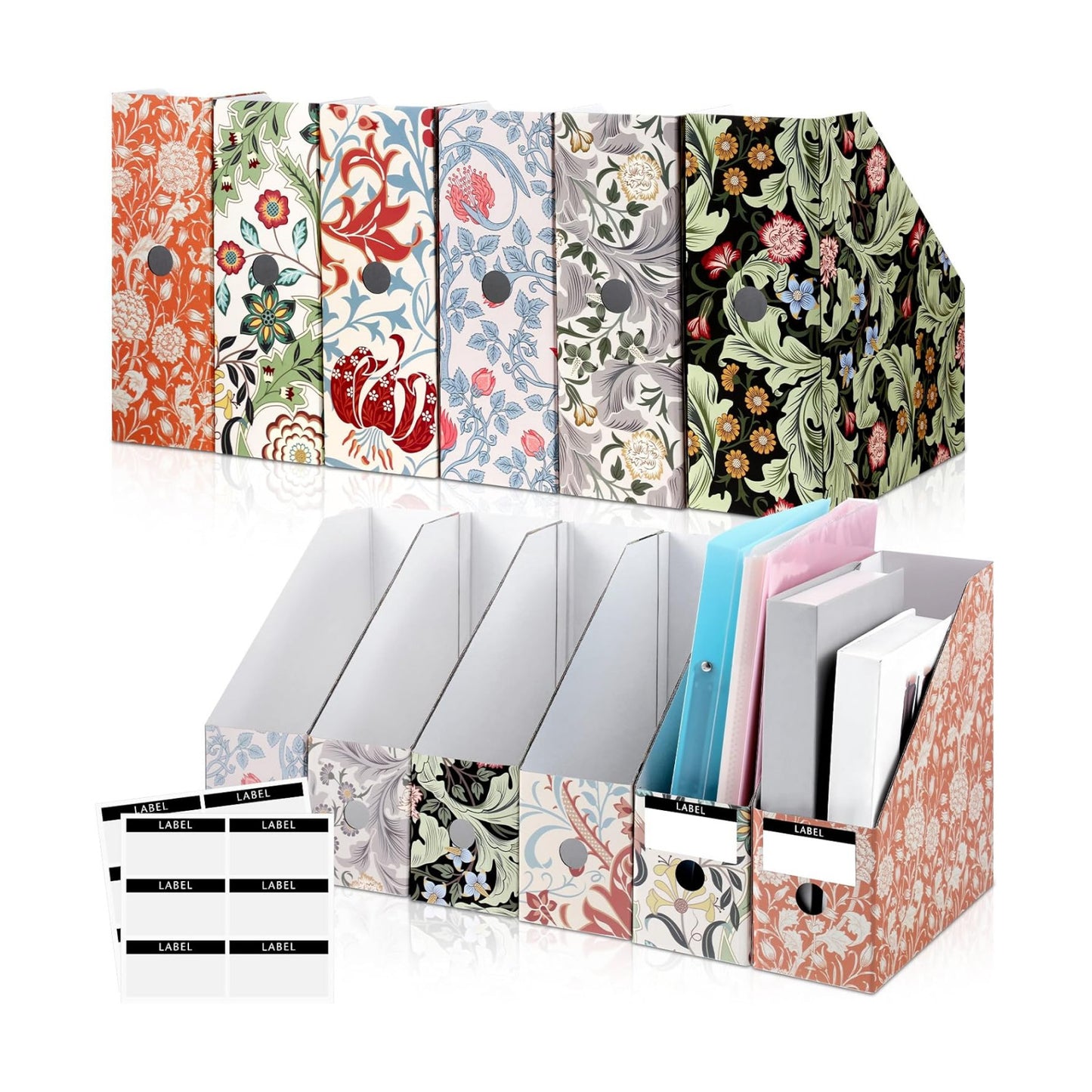 PerKoop 6 Pcs Decorative Magazine File Holders Floral Foldable File Folders Magazine Storage Boxes Rack Desk Organizer