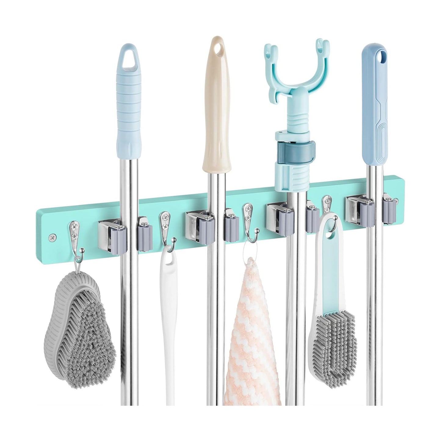 OUTNILI Turquoise Mop Broom Holder Wall Mount with 4 Slots & 4 Hooks - Wood Broom Mop Hanger for Pantry Closet Laundry
