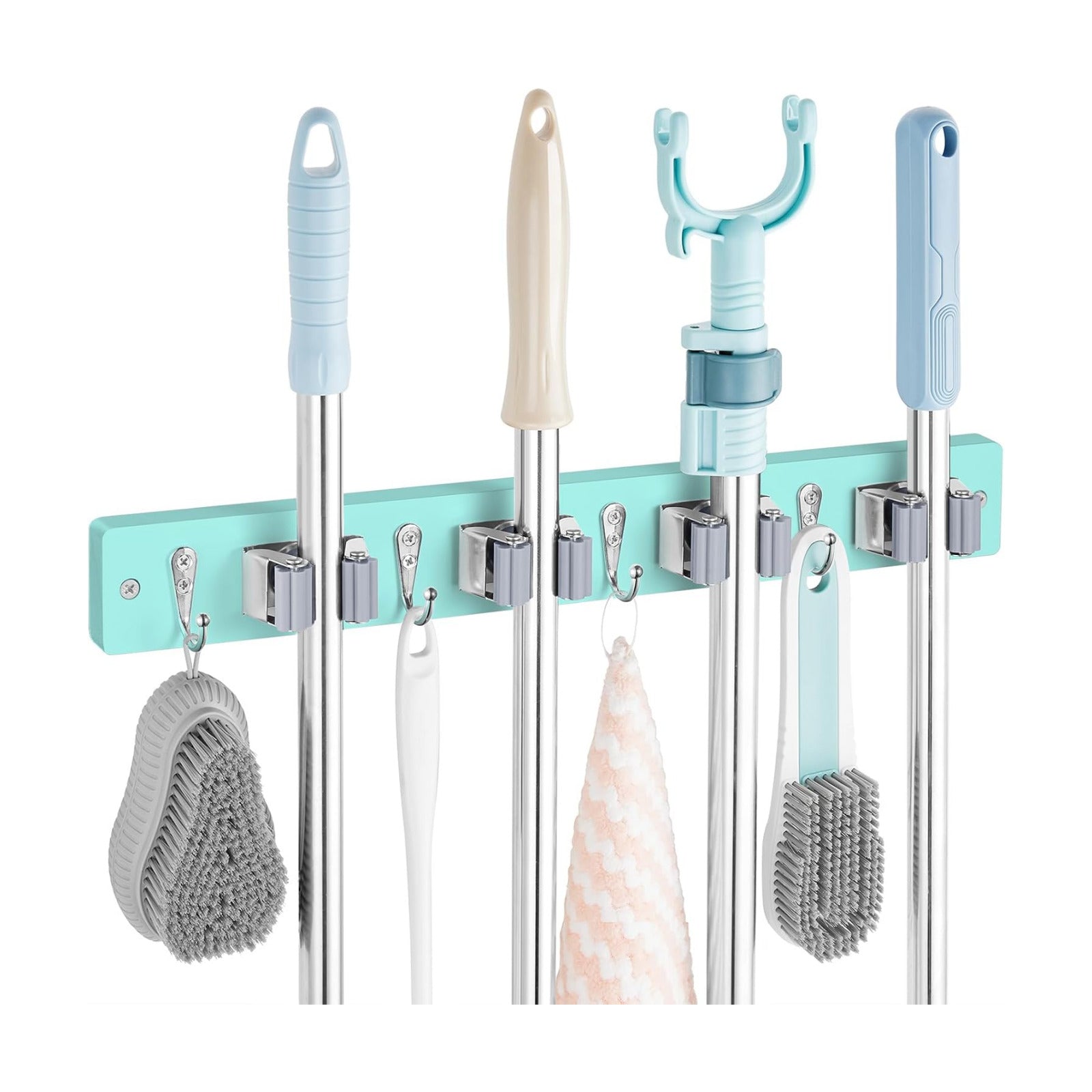 OUTNILI Turquoise Mop Broom Holder Wall Mount with 4 Slots & 4 Hooks - Wood Broom Mop Hanger for Pantry Closet Laundry