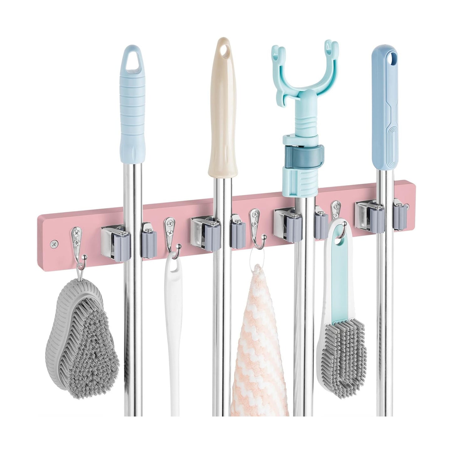 OUTNILI Pink Mop Broom Holder Wall Mount with 4 Slots & 4 Hooks - Wood Broom Mop Hanger for Pantry Closet Laundry Room