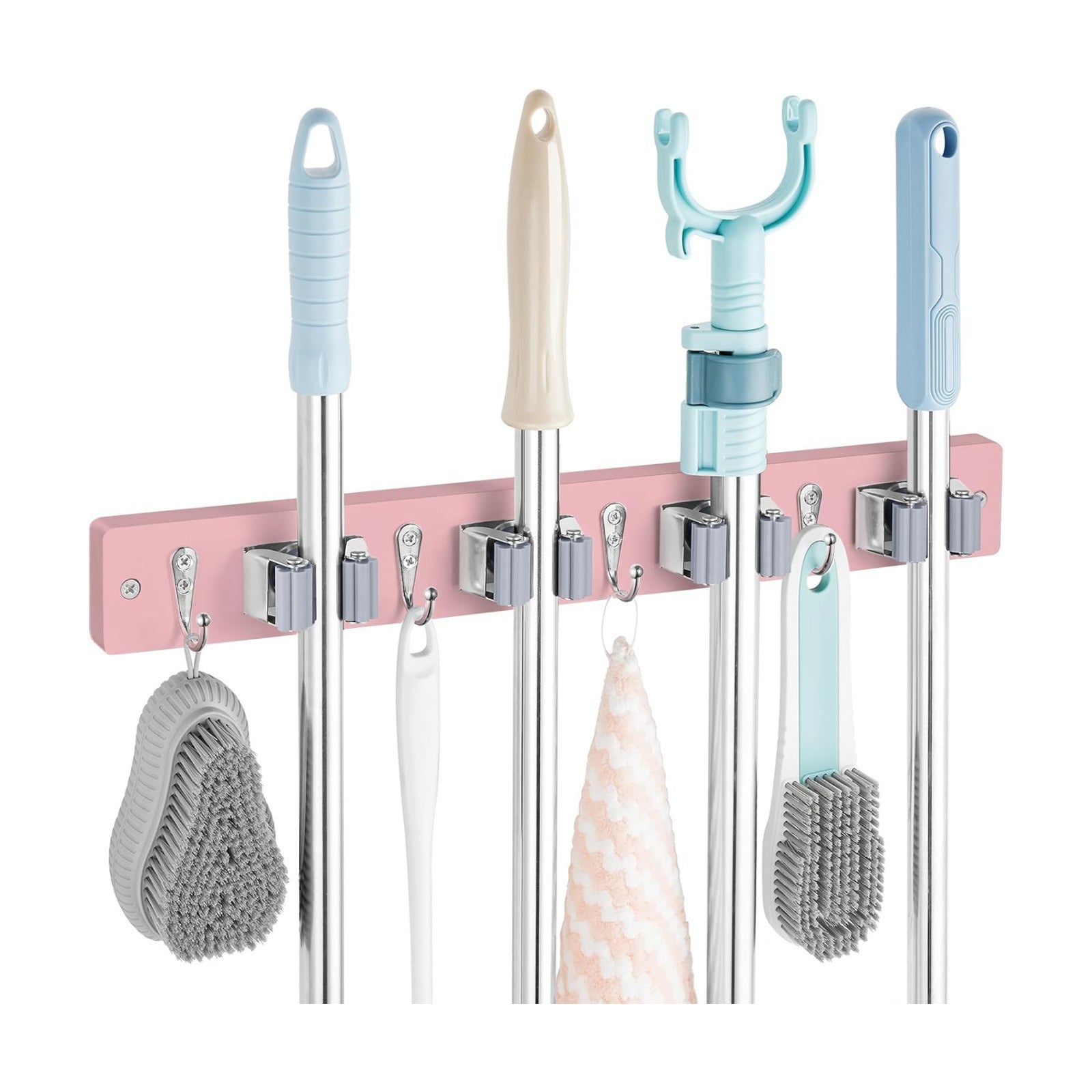 OUTNILI Pink Mop Broom Holder Wall Mount with 4 Slots & 4 Hooks - Wood Broom Mop Hanger for Pantry Closet Laundry Room