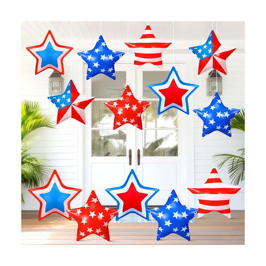 18 Pcs 4th of July Inflatable Outdoor Stars Decor 250th Anniversary Patriotic Outdoor Decorations Inflatable Star American Flag PVC Balloons Blow up for Memorial Day Hanging Home Garden Decor