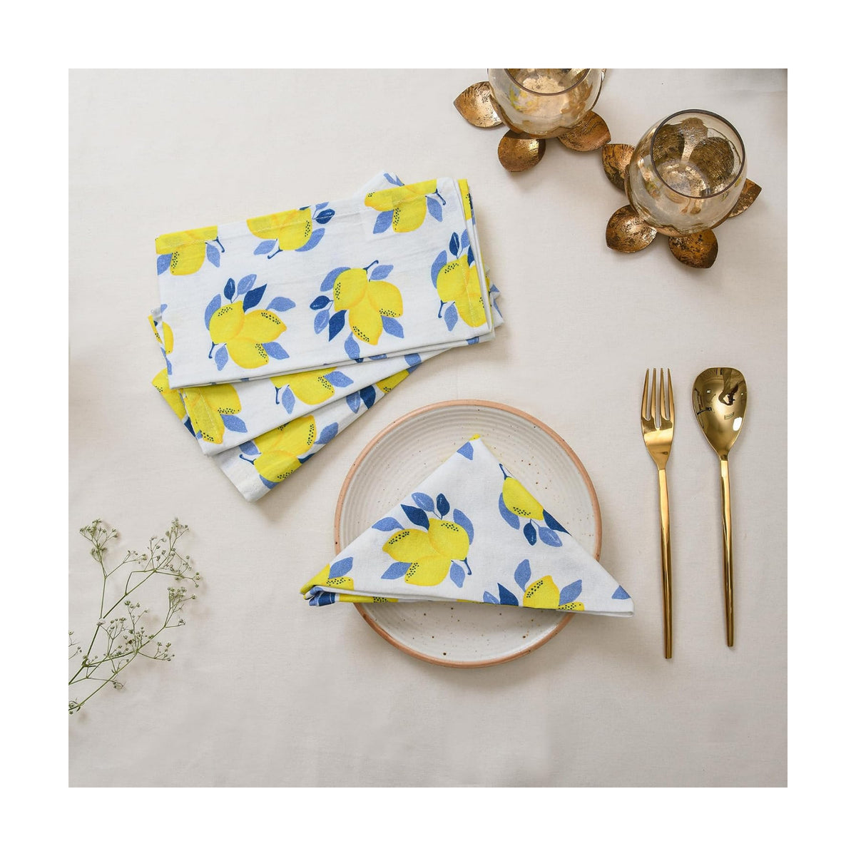 TARAN LIVING Printed Cotton Cloth Napkins Fall Dinner Napkin Set Reusable Machine Washable Fabric for Gifting, House Party Events, Home Decor, Craft - 18"x18" - Set of 4 - Lemon Print