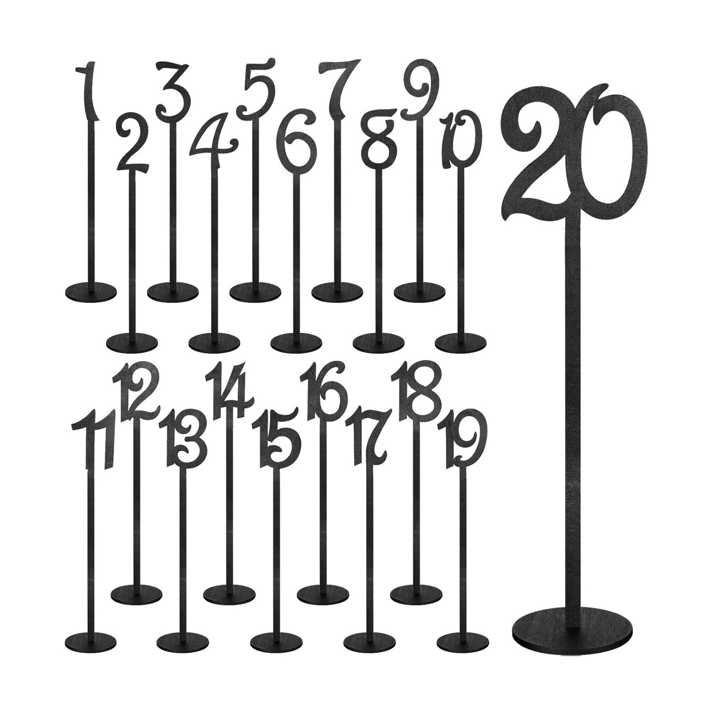 20 Pcs Table Numbers for Wedding with Holder, 1-20,Black | Wooden Seat Numbers with Round Base Stands, Ideal for