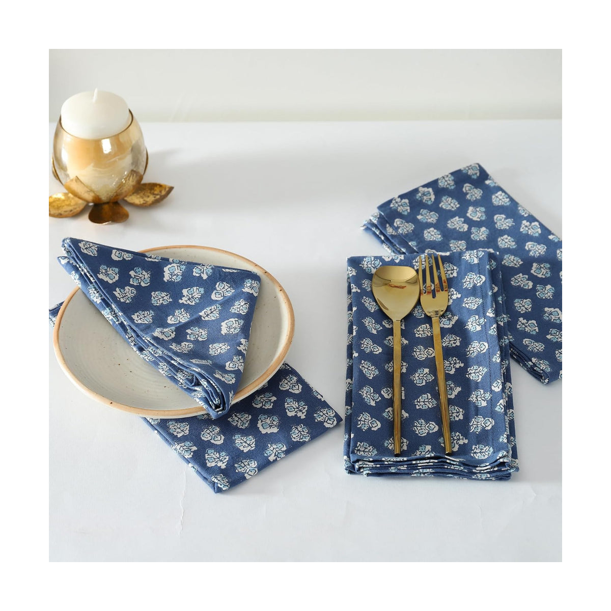 TARAN LIVING Cotton Cloth Napkins Natural Reusable Fall Dinner Napkins Reusable Machine Washable Fabric for Events, Gift, Home Decor - Indigo Blue (Pack of 4), 18x18 Inches