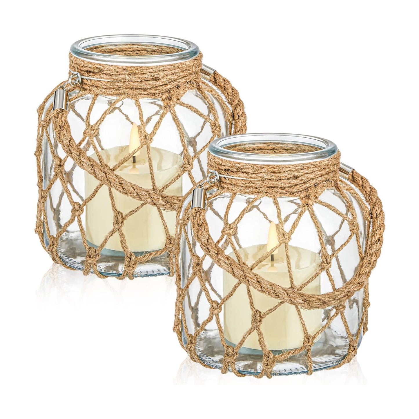 Blushtier 2 Set Nautical Lanterns Rope Handle, Glass LED Flameless,Clear | Battery Operated Light Candles, Coastal