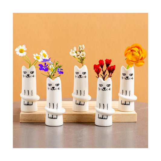 Cat Flower Vase Bud Ceramic Small Mini Handmade Decor / Cat Vase / Set of 5