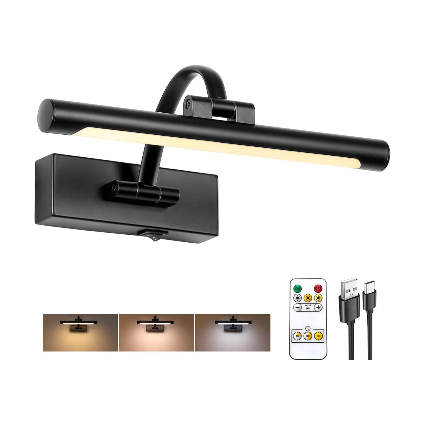 Tassuowell Battery Powered Picture Light with Remote and Timer,Full Metal Art Light with Swing Arm,12 Inch