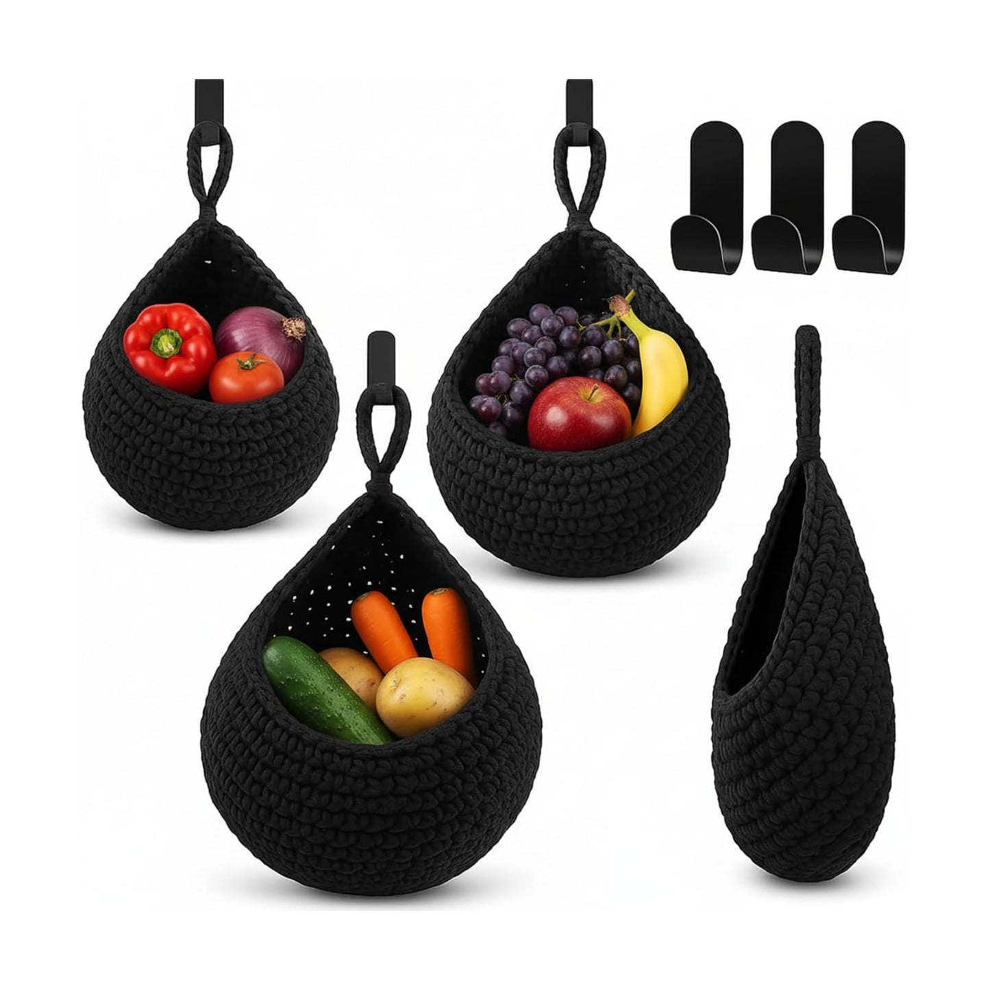 Boho Decor Hanging Wall Baskets / Black / Cotton Rope / Teardrop / Set of 3