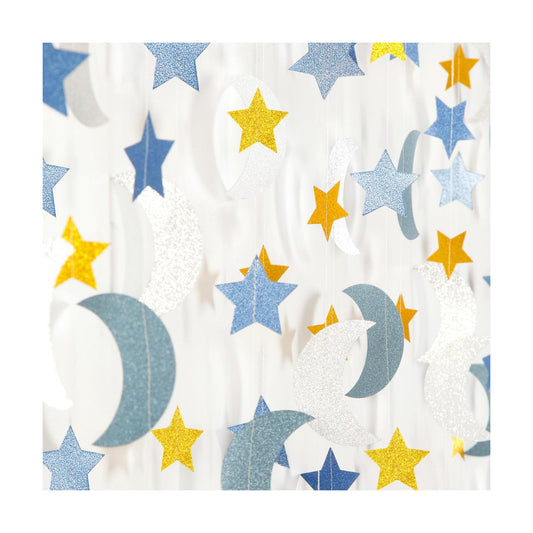 Blue-Gold Silver Party-Decorations Moon-Star Garland / Gold Silver Blue / 62 Inch