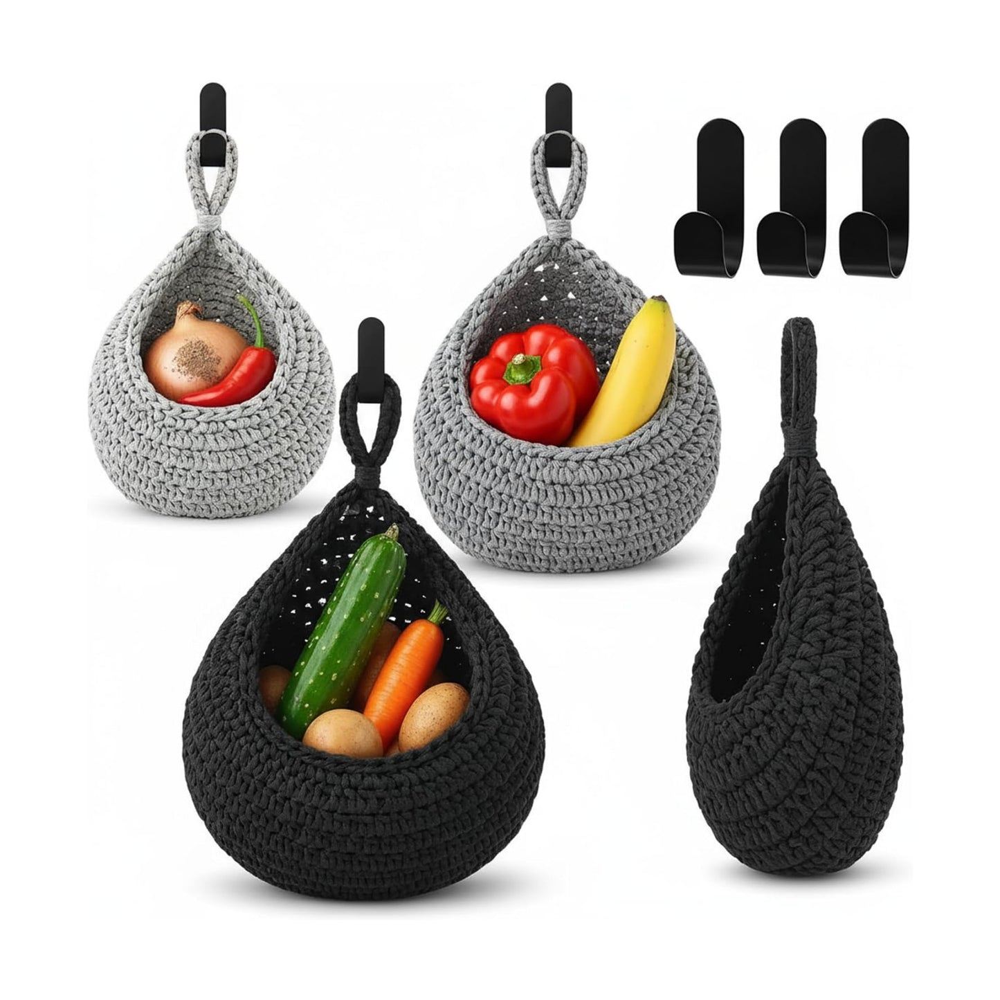 Boho Decor Hanging Wall Baskets / Light Grey, White, Dark Grey / Cotton Rope / Teardrop / Set of 3