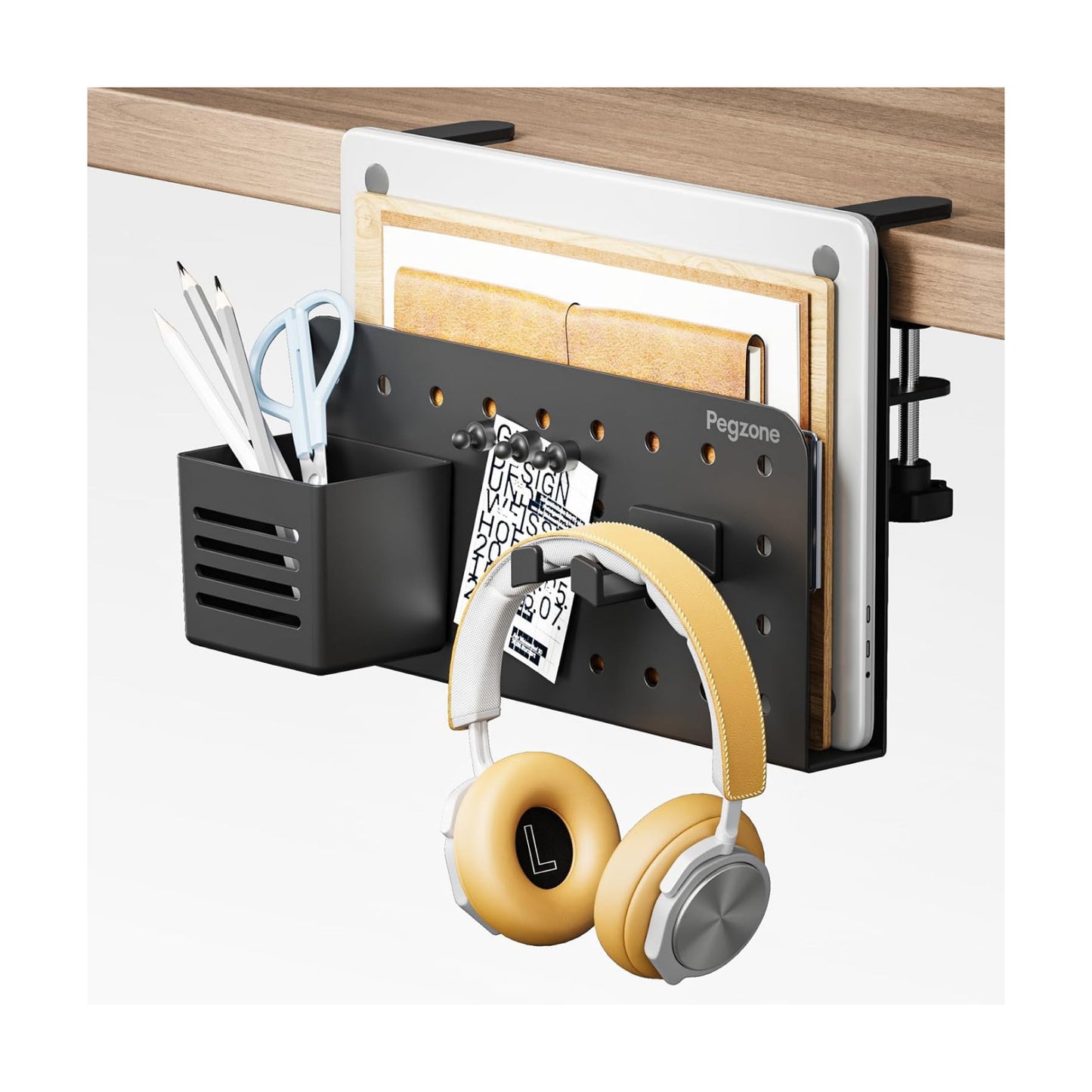 Desk Side Storage Organizer, Fits Flat Edge 0.4" to 2.2", Black | No Drill Under Desk Laptop Holder, Clamp on Desks