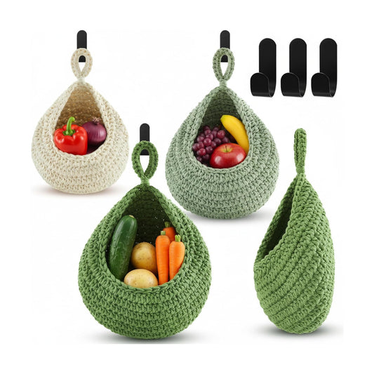 Boho Decor Hanging Wall Baskets / Sage Green, Light Green, White / Cotton Rope / Teardrop / Set of 3