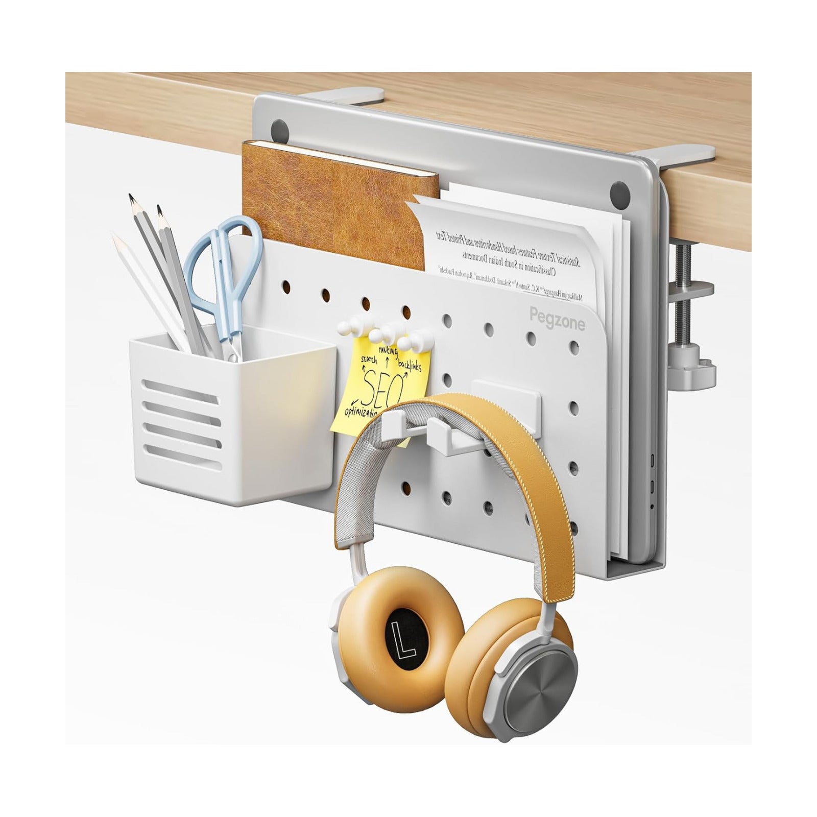 Desk Side Storage Organizer, Fits Flat Edge 0.4" to 2.2", White | No Drill Under Desk Laptop Holder, Clamp on Desks