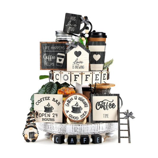 Tiered Tray Decorations Wooden Bar Decor Farmhouse Bar Accessories Gnome Wooden / Coffee / Set of 17