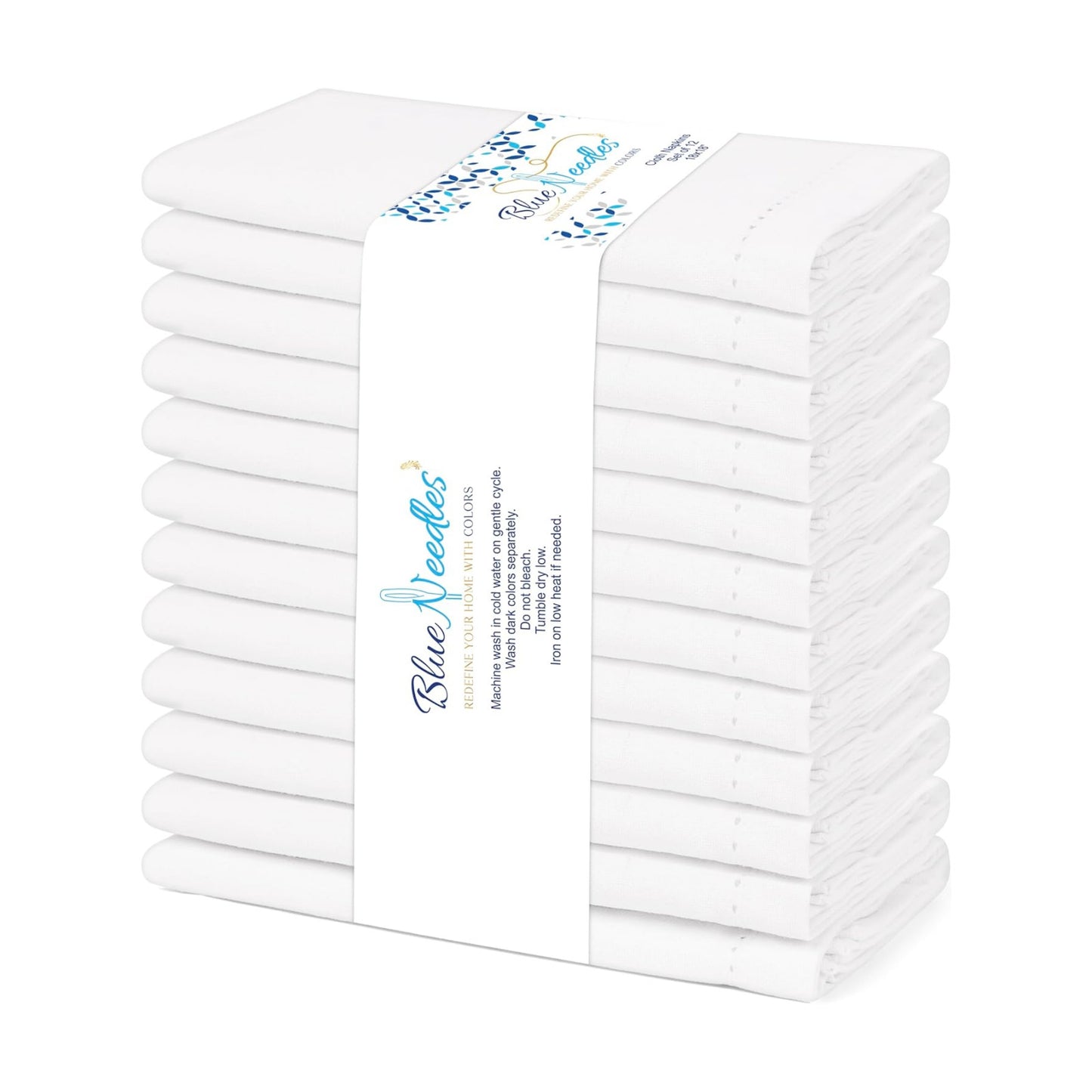 Blue Needles Set of 12 Hemstitch Linen Napkins 100% Cotton White Cloth Dinner Napkins 18x18 inches, Soft, Reusable