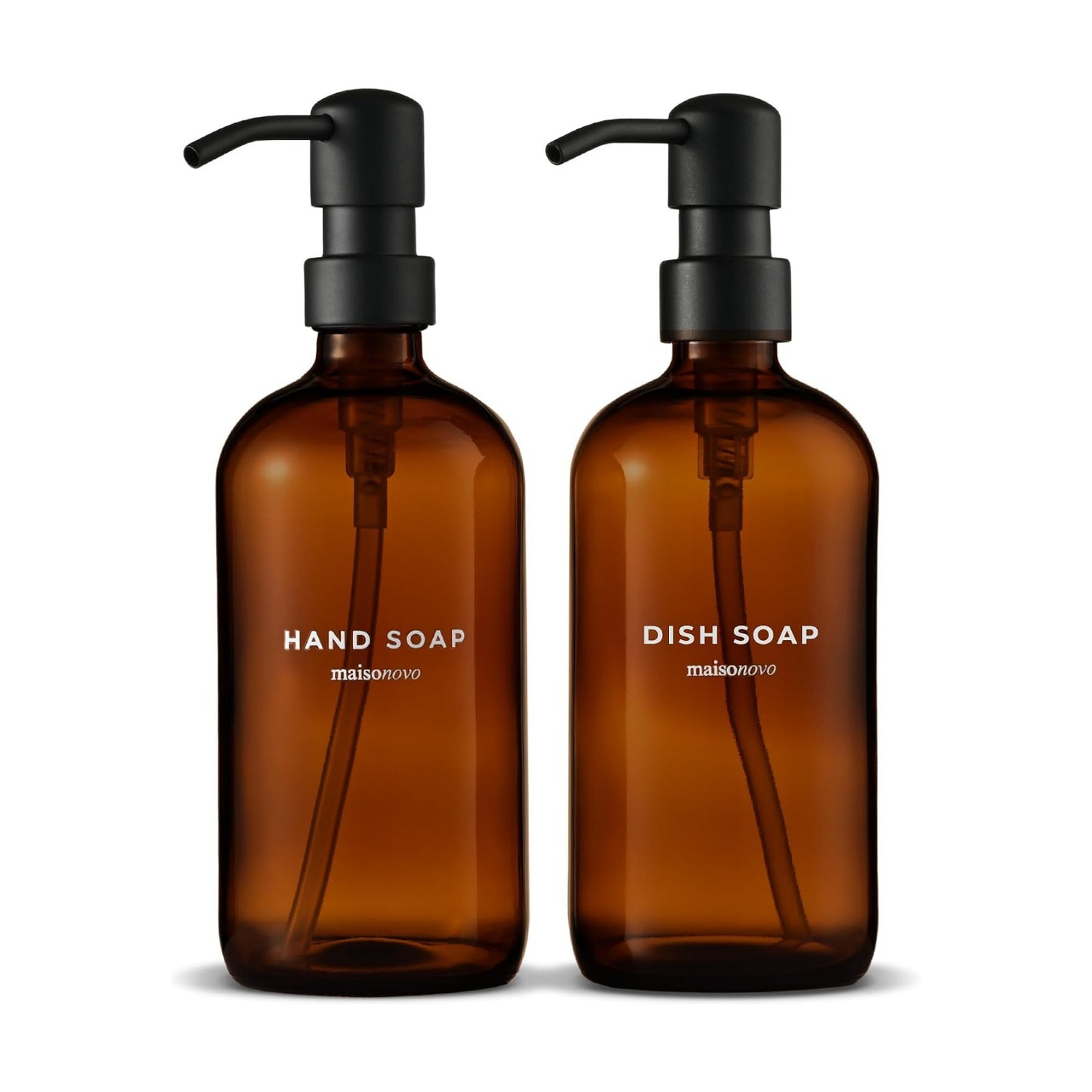 MaisoNovo Soap Dispenser 2-Piece Set | 16.9oz Amber Bottles with Black Plastic Pumps