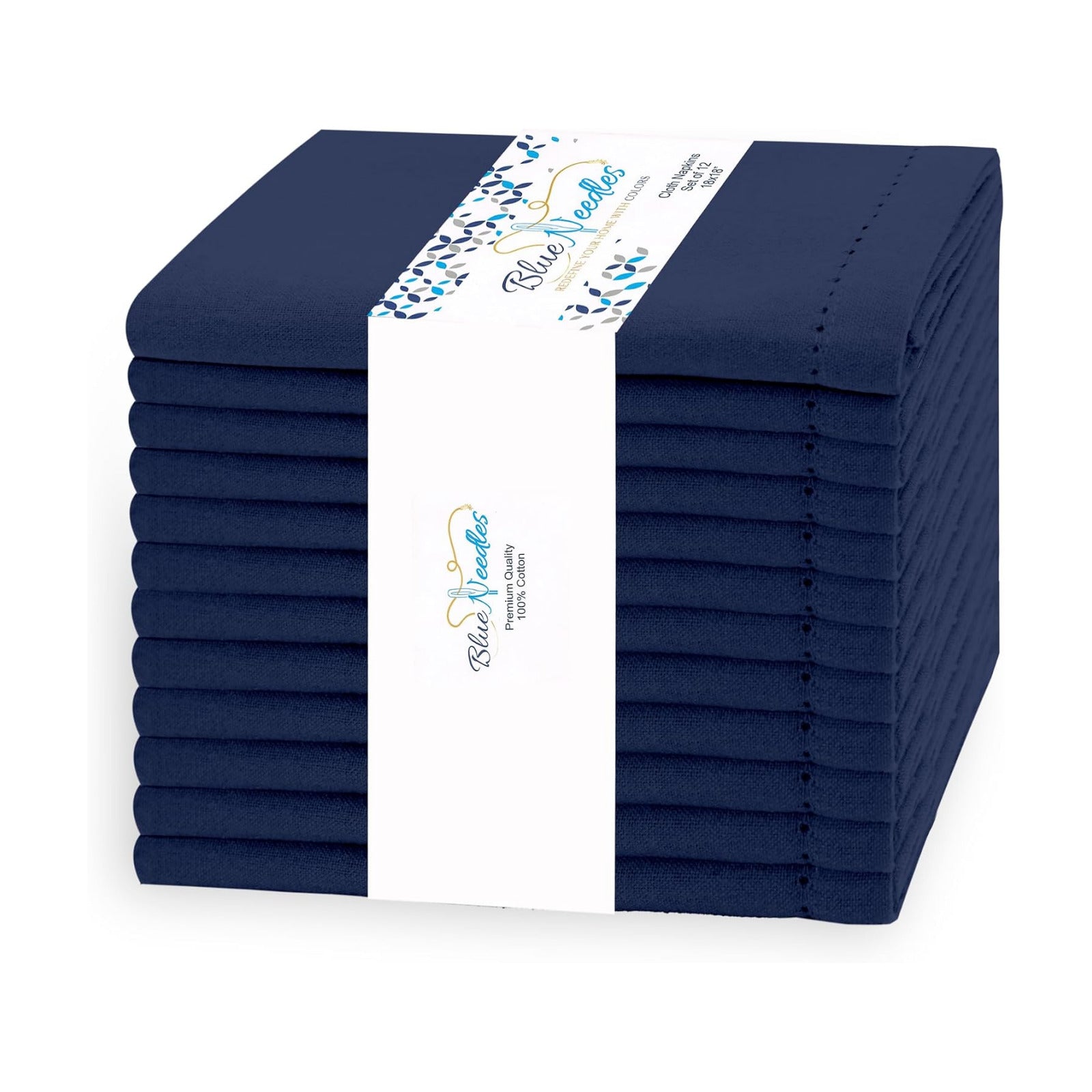 Blue Needles Navy Blue Hemstitch Linen Napkins Set of 12-100% Cotton Cloth Dinner Napkins 18x18 inches, Soft, Reusable