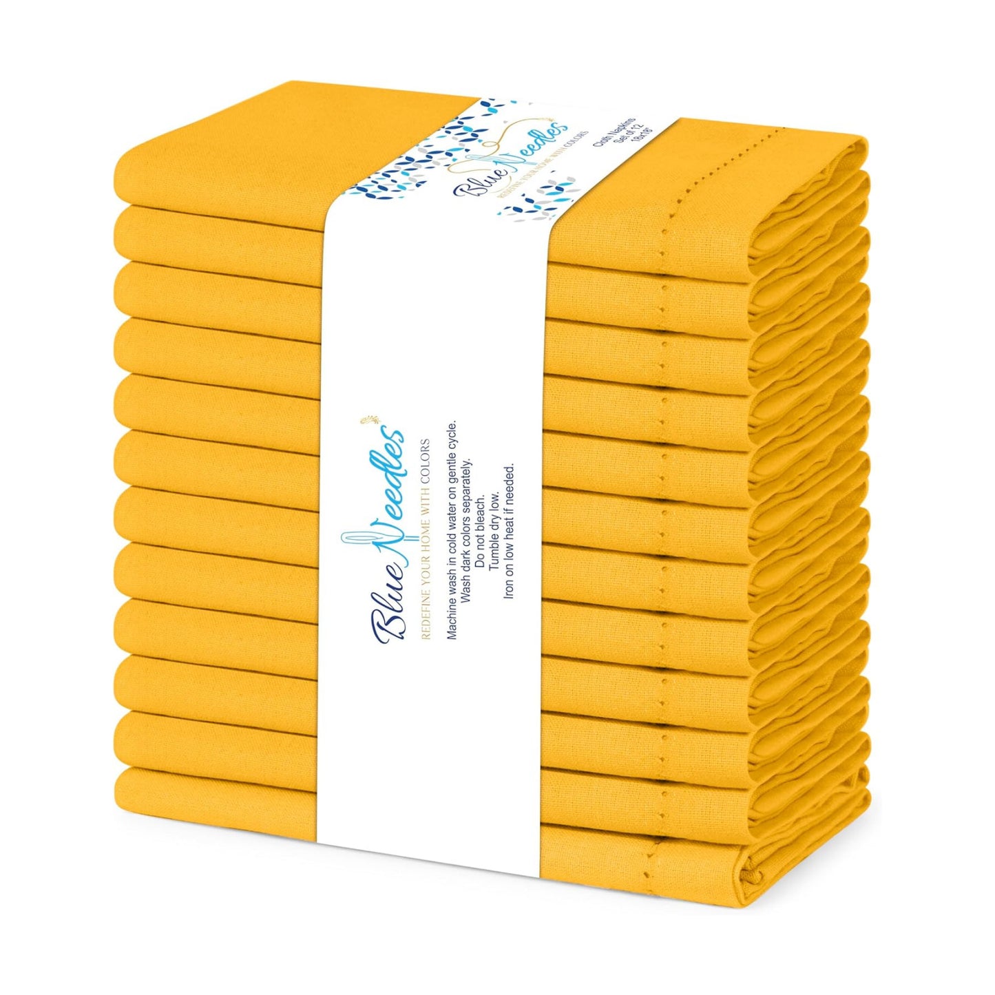 Blue Needles Set of 12 Hemstitch Linen Napkins 100% Cotton Golden Yellow Cloth Dinner Napkins 18x18 inches, Soft