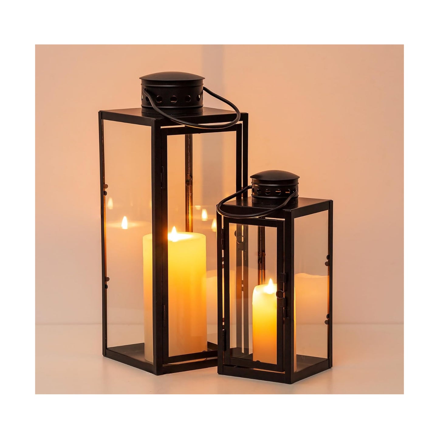 NUPTIO Lanterns Decorative Indoor Black, 9.5 & 13.8 inch Tall Lantern | Set of 2 Hurricane Lantern with Glass Panel