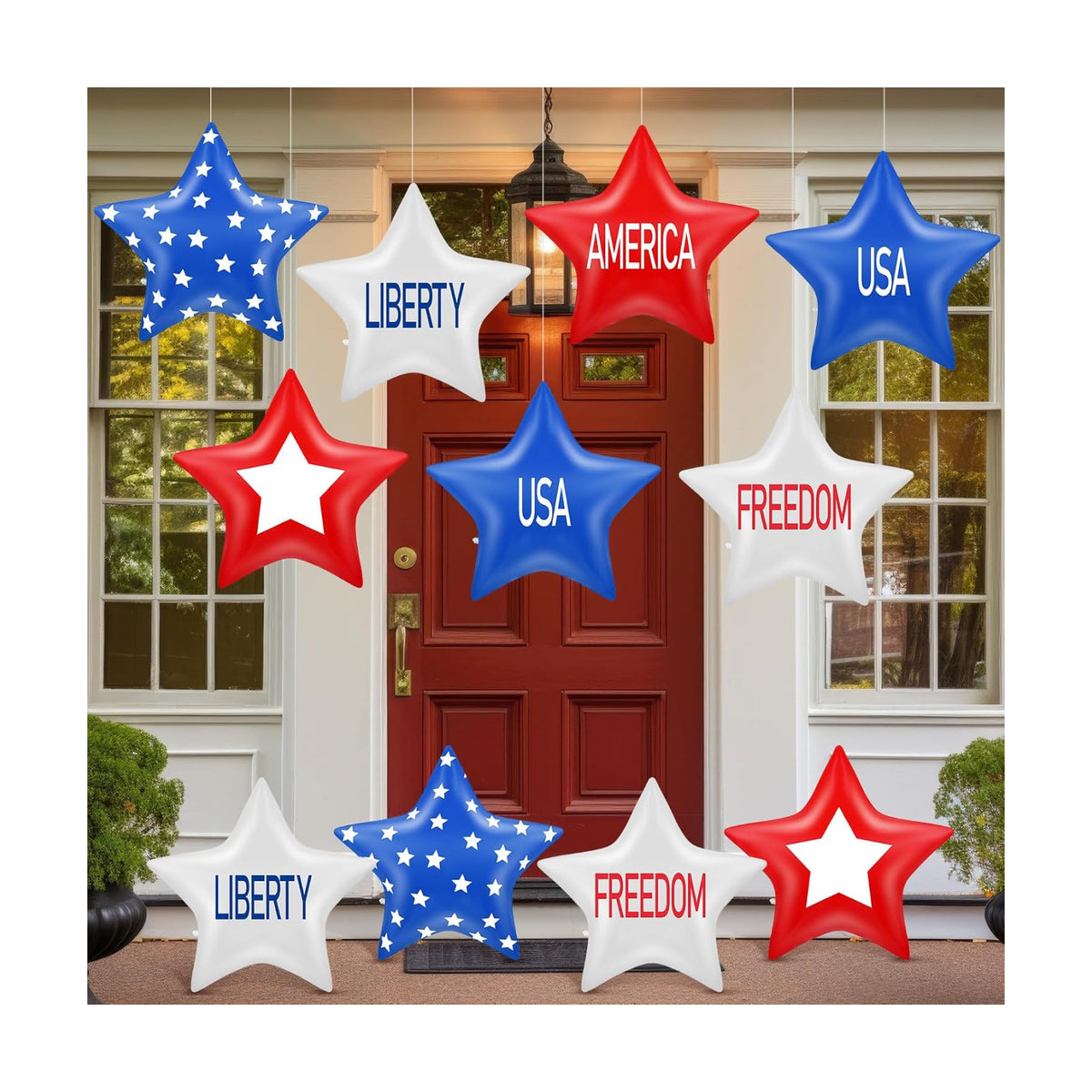 18 Pcs 12 Inch 4th of July Inflatables Outdoor Decorations 250th Anniversary Patriotic Star Ornaments Blow up PVC Inflatable Star Hanging Ornaments for American Veterans Party Festival