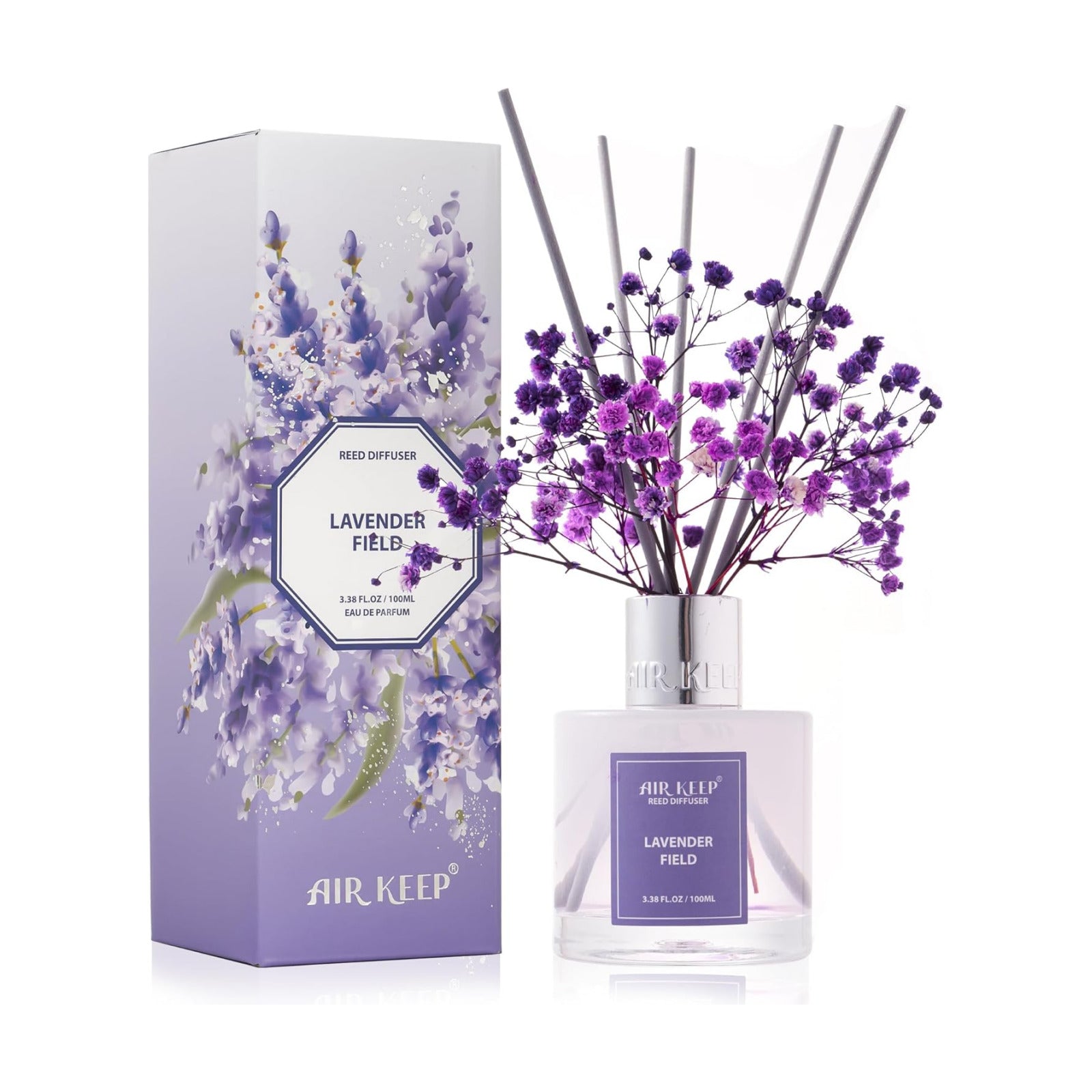 Airkeep Reed Diffuser Set,3.38 fl oz (100 ml) - Lavender Field Oil Diffusers with 8 Reed Sticks, Home Fragrance Reed