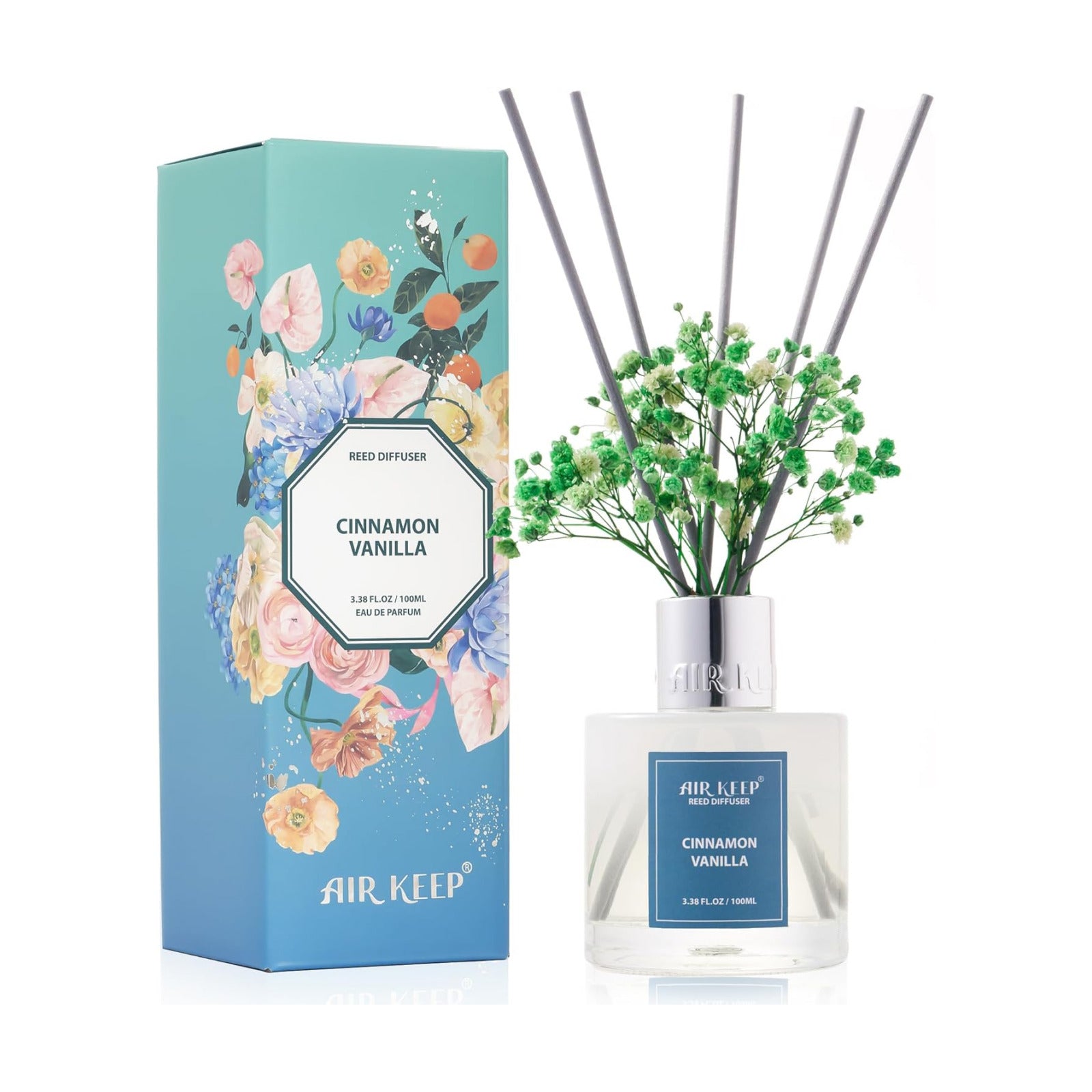 Airkeep Reed Diffuser Set,3.38 fl oz (100 ml) - Cinnamon Vanilla Oil Diffusers with 8 Reed Sticks, Home Fragrance Reed