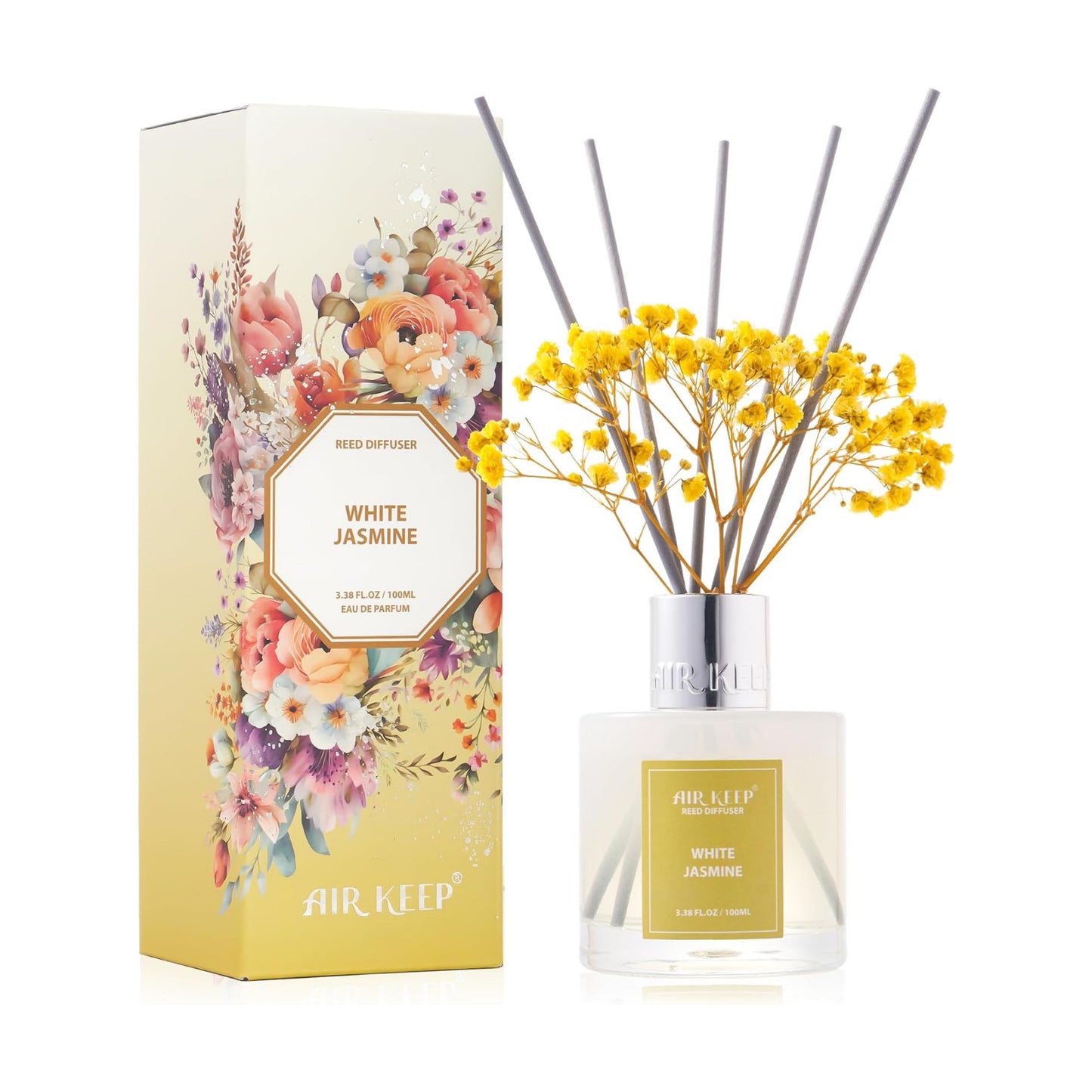 Airkeep Reed Diffuser Set,3.38 fl oz (100 ml) - White Jasmine Oil Diffusers with 8 Reed Sticks, Home Fragrance Reed