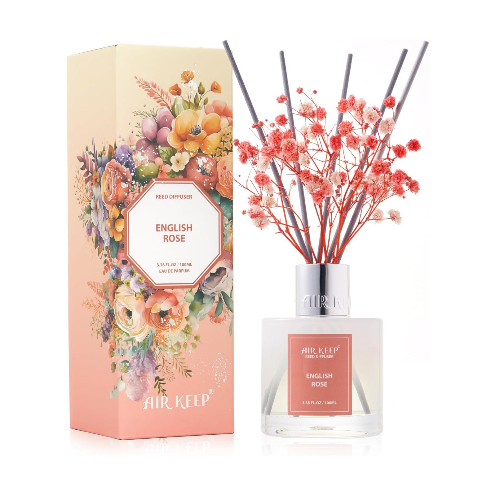 Airkeep Reed Diffuser Set,3.38 fl oz (100 ml) - English Rose Oil Diffusers with 8 Reed Sticks, Home Fragrance Reed