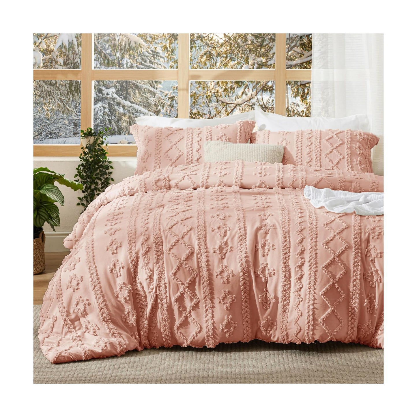 Bedsure Tufted Boho Comforter Set Queen Size - Light Pink Boho Bed Set, GentleSoft™ 3 Pieces Farmhouse-Style Embroidery