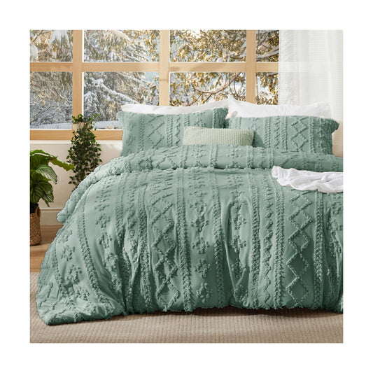 Bedsure Tufted Boho Comforter Set Queen Size - Green Boho Bed Set, GentleSoft™ 3 Pieces Farmhouse-Style Embroidery