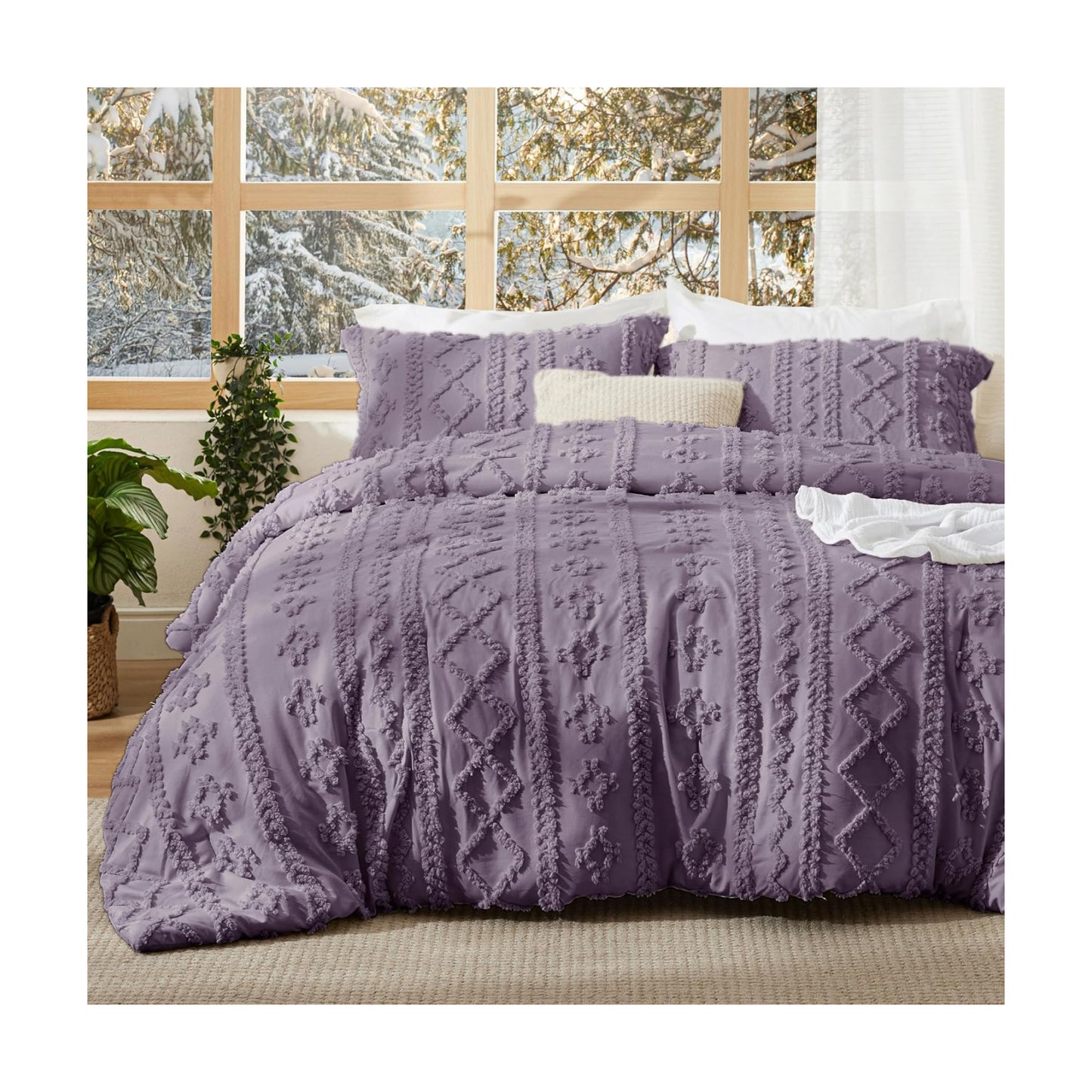 Bedsure Tufted Boho Comforter Set Twin Size - Grayish Purple Boho Bed Set, GentleSoft™ 2 Pieces Farmhouse-Style
