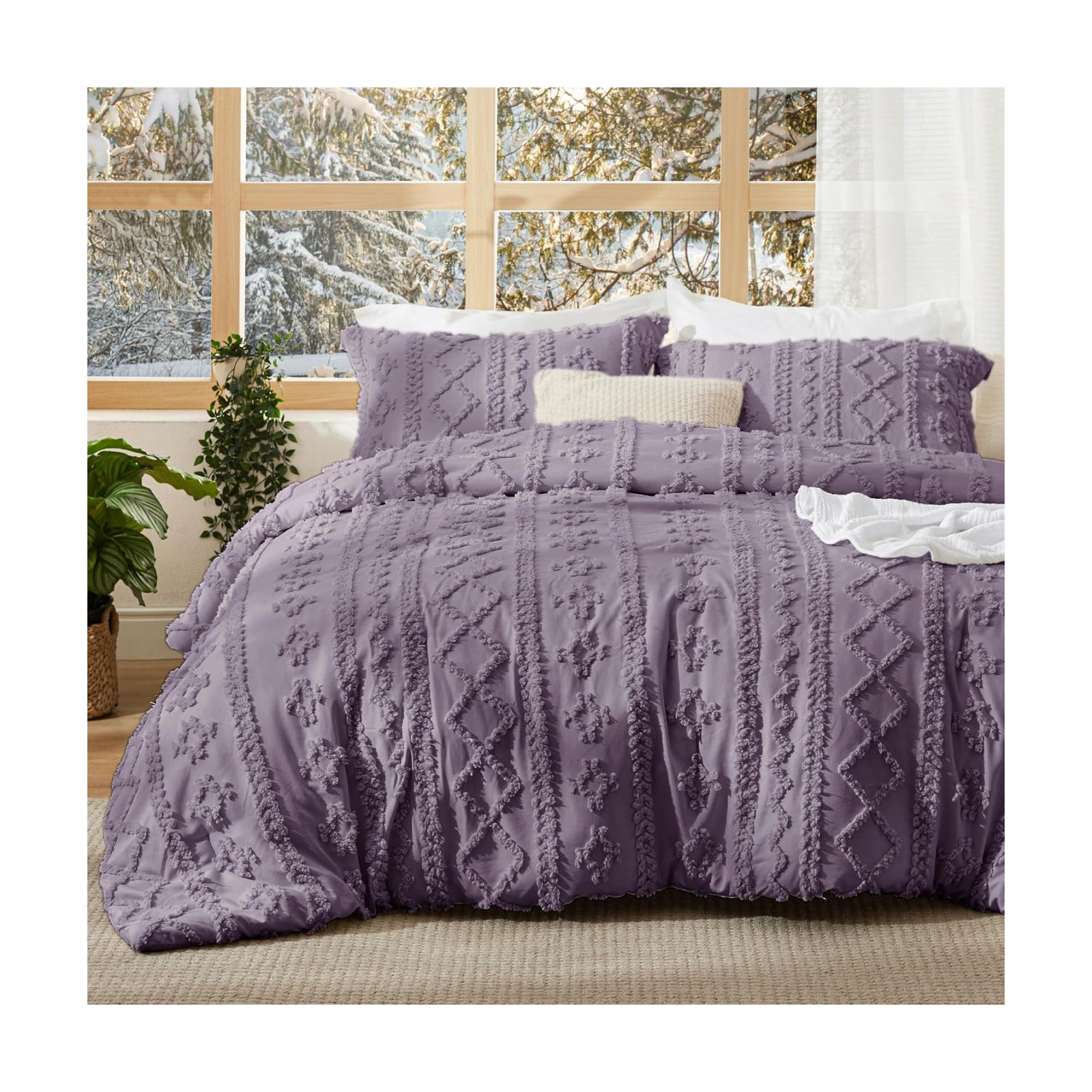 Bedsure Tufted Boho Comforter Set Twin Size - Grayish Purple Boho Bed Set, GentleSoft™ 2 Pieces Farmhouse-Style