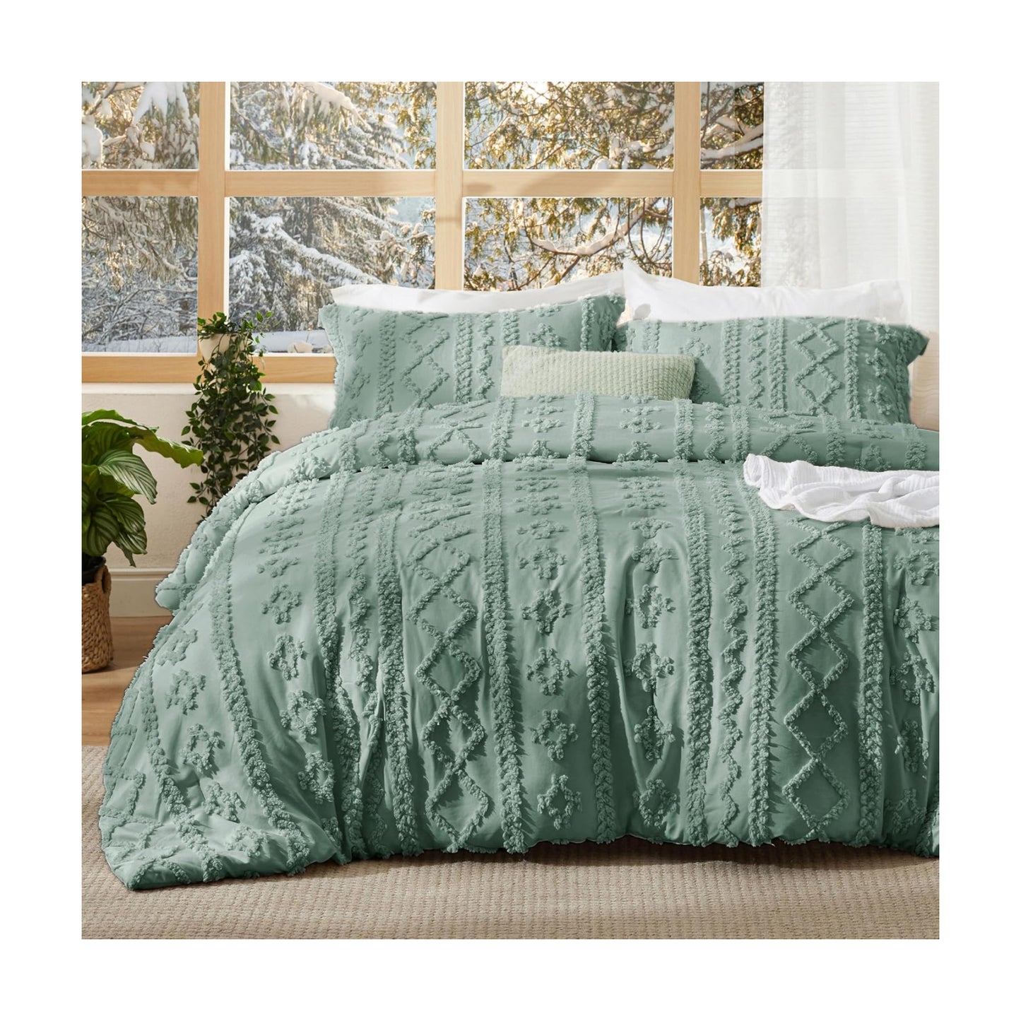 Bedsure Tufted Boho Comforter Set King Size - Green Boho Bed Set, GentleSoft™ 3 Pieces Farmhouse-Style Embroidery