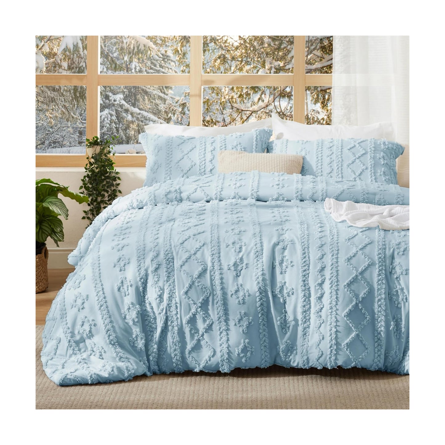 Bedsure Tufted Boho Comforter Set Twin Size - Sky Blue Boho Bed Set, GentleSoft™ 2 Pieces Farmhouse-Style Embroidery