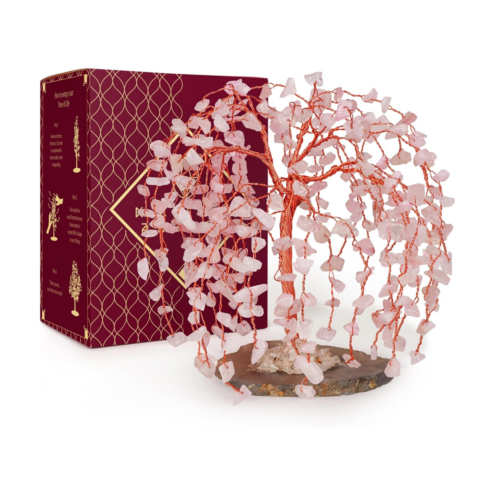 KARMAPLEDGE Chakra Tree of Life Birthday Gifts for Women, Home and Office Decor, Handmade Rose Quartz Crystal Tree for