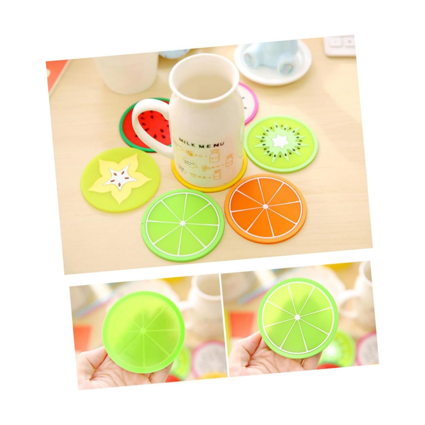 Silicone Fruit Coasters Non-Slip Heat Resistant Round Cup Mats / Set of 7
