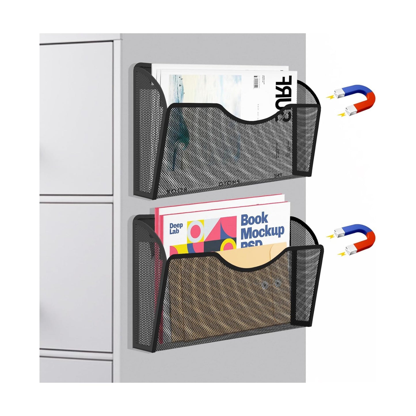 Magnetic File Holder 2 Pockets File Folder Organizer, Office Hanging Magazine Rack for Refrigerator, White Board, No