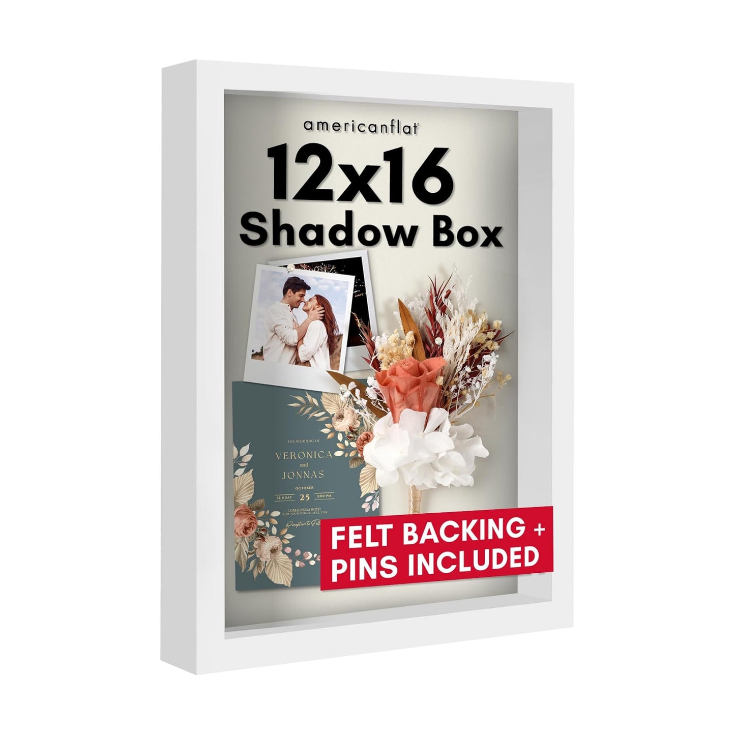 Americanflat 12x16 Shadow Box Frame - Engineered Wood - White | Polished plexiglass front, 1.5 inch interior depth