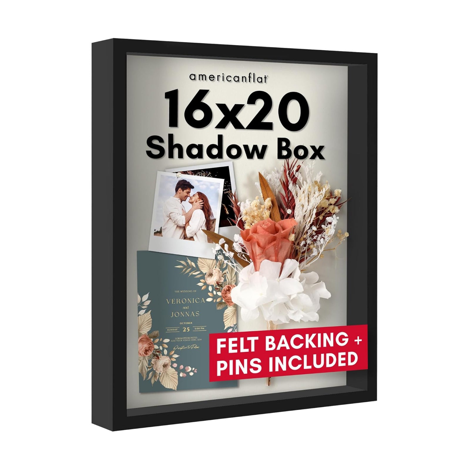 Americanflat 16x20 Shadow Box Frame - Engineered Wood - Black | Polished plexiglass front, 1.5 inch interior depth