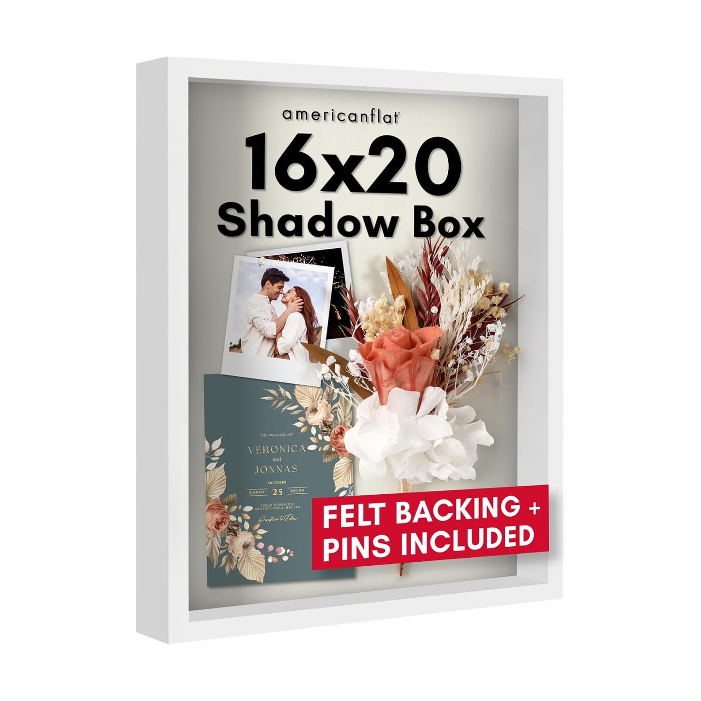 Americanflat 16x20 Shadow Box Frame - Engineered Wood - White | Polished plexiglass front, 1.5 inch interior depth