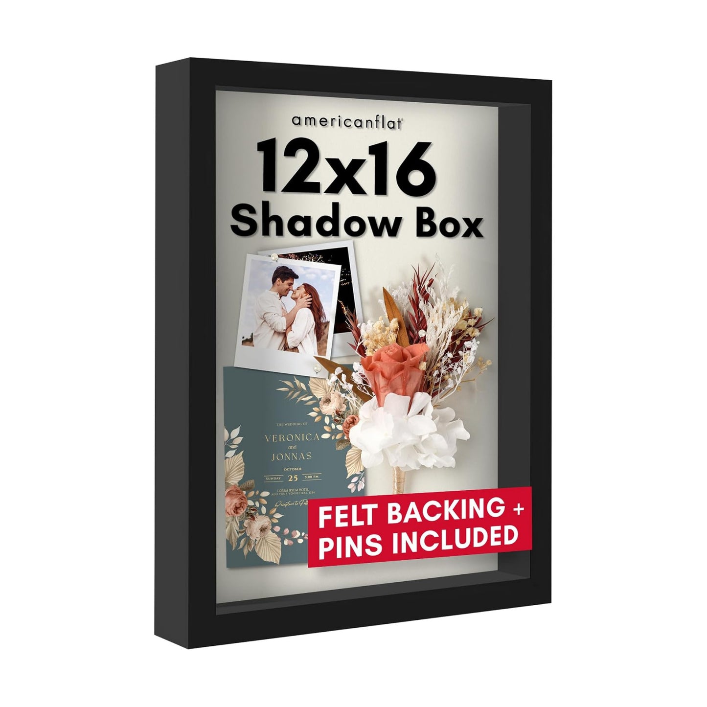 Americanflat 12x16 Shadow Box Frame - Engineered Wood - Black | Polished plexiglass front, 1.5 inch interior depth