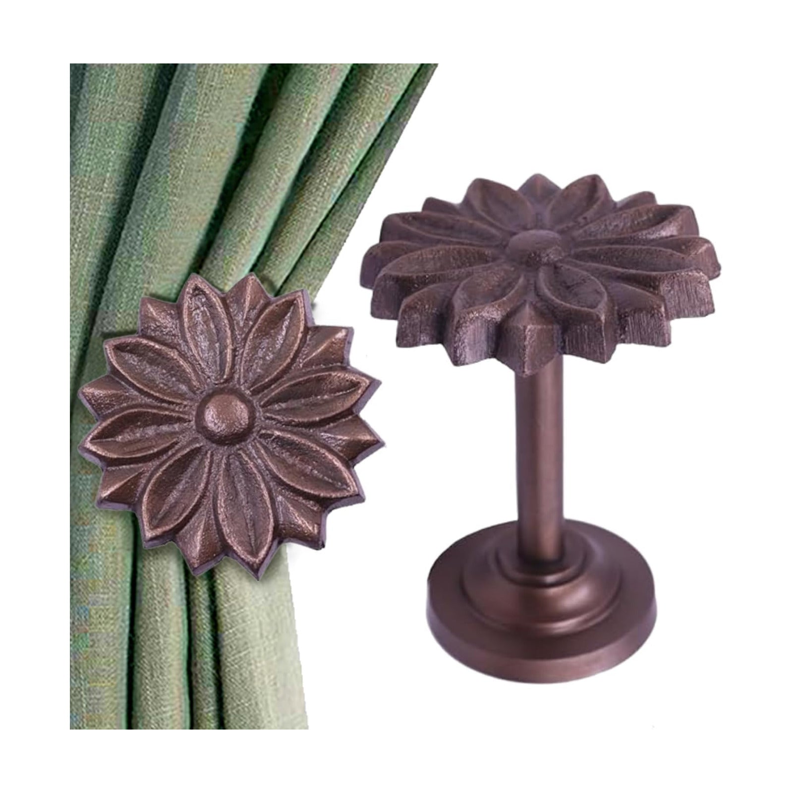 The Metal Magician Wall Mounted Floral Curtain Holdbacks (Pack of 4) - Boho Flowery Curtain Holders for Living Room