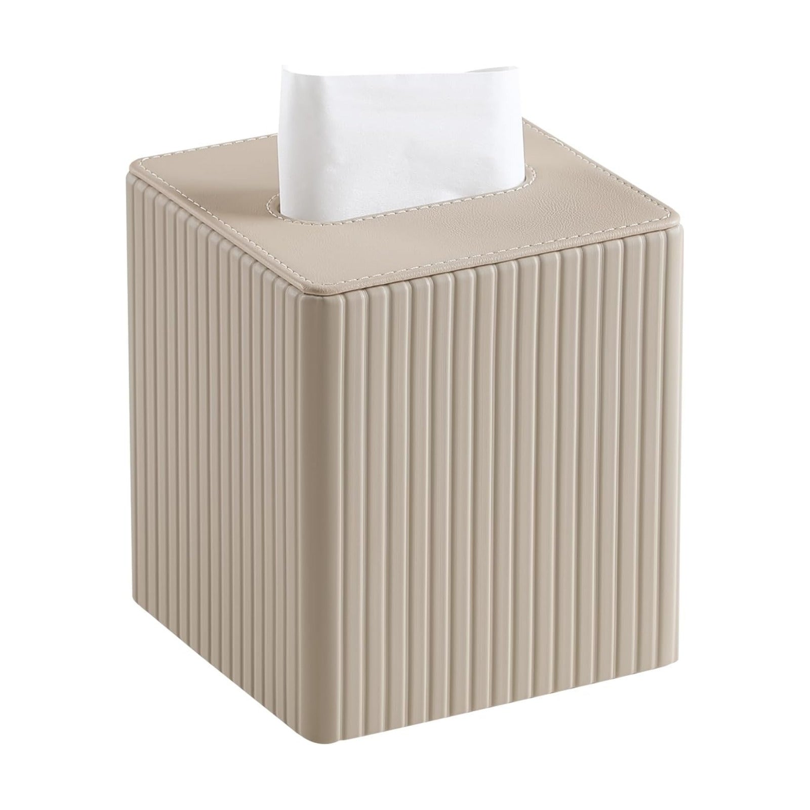 PU Leather Tissue Box Cover Square Tissue Box Holder / Beige Fluted