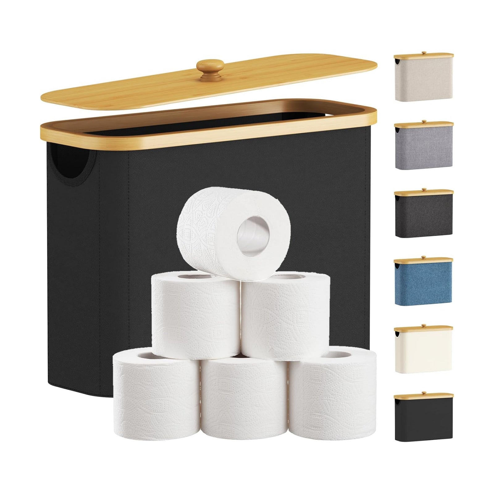 Lifewit Toilet Paper Storage Holder, Large Stand Basket, 23L, Black | 9 to 12 Rolls, Large Paper Stand with Bamboo Lid