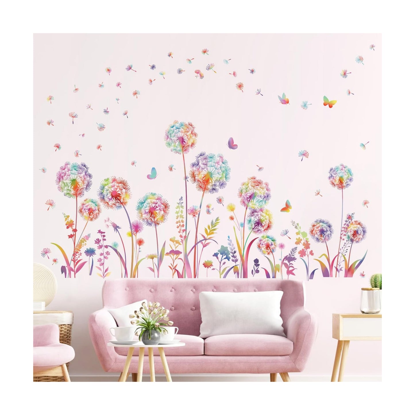 Colorful Dandelion Flower Wall Decals Flying Floral Butterfly Wall Stickers Living Room Bedroom