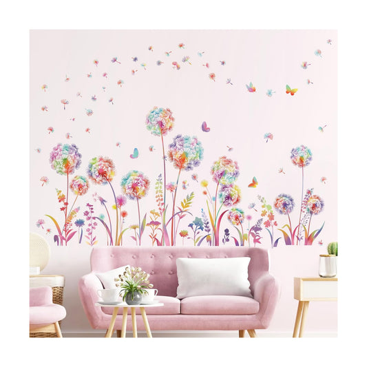 Colorful Dandelion Flower Wall Decals Flying Floral Butterfly Wall Stickers Living Room Bedroom